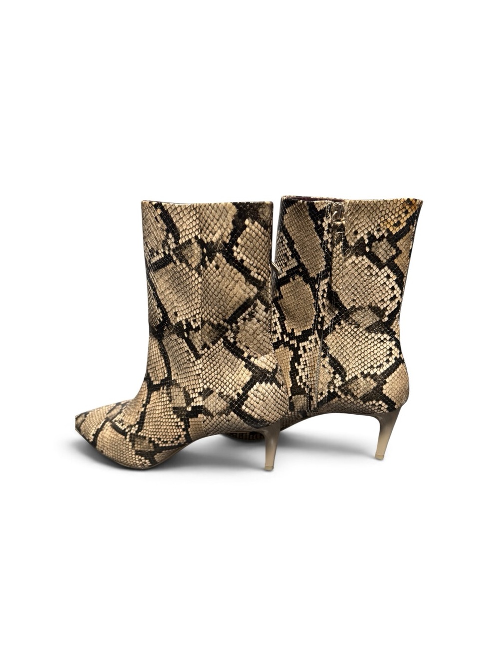 Snake-Print Pointed Toe Ankle Boots - Beige
